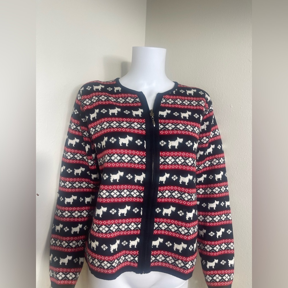 Marisa Christina Scottie Scottish  dog pattern holiday Knit Cardigan Sweater